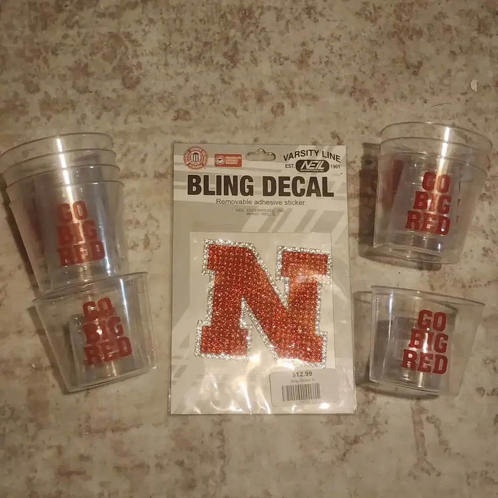 Nebraska Cornhuskers 'N' Bling Decal and Go Big Red Shot Glasses Set